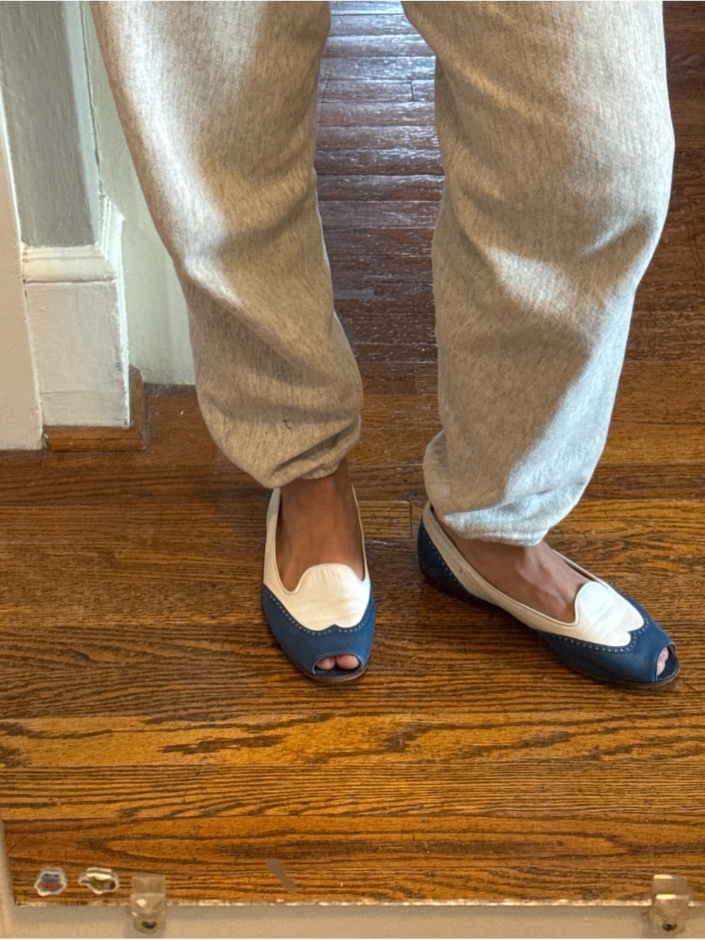 Jil Sander Blue and White Peep-Toe Leather Flats
